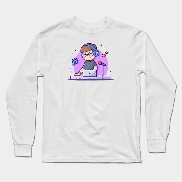 Happy Cute Disk Jockey Performance with Headphone Cartoon Vector Icon Illustration Long Sleeve T-Shirt by Catalyst Labs